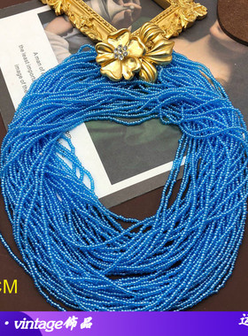 西洋蓝色小米珠颈链镶钻花朵多层