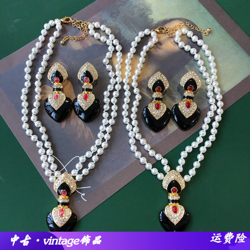 电镀真金法式黑红组合珍珠项链银