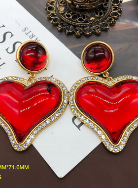 厂家现货镀真金法式简约镶钻红蓝色桃心重工耳环复古银针耳钉