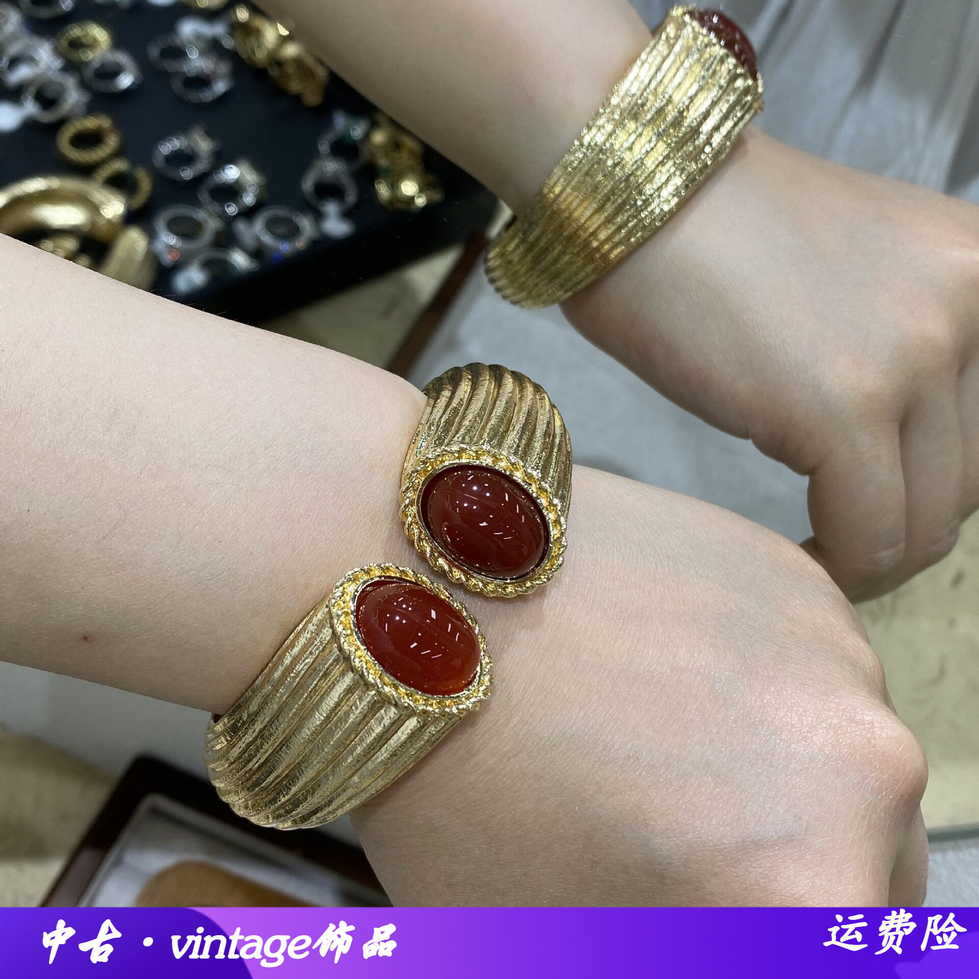 法国小众设计复古金色天然水晶红宝石开口手镯女轻奢高级感手环