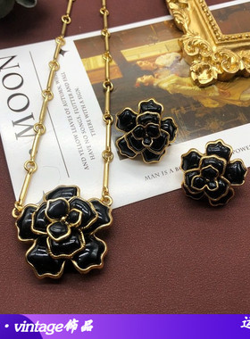 中古套装vintage饰品复古宫廷立体黑色花朵项链耳环日常百搭配饰