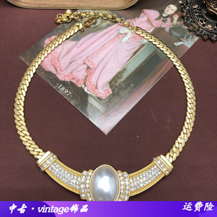 vintage回流饰品颈链复古着镶宝石钻珍珠项链镀真金百搭配饰
