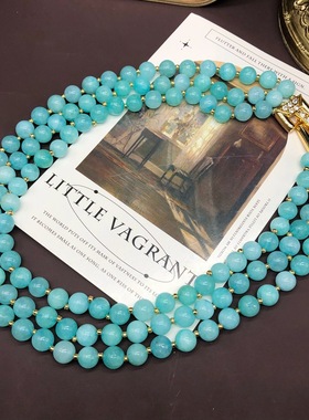 小清新蓝色系石头珠串珠多层项链复古优雅设计镶钻开关短款毛衣链