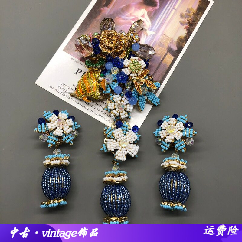 欧美跨境手工编织花朵鱼镶钻胸针