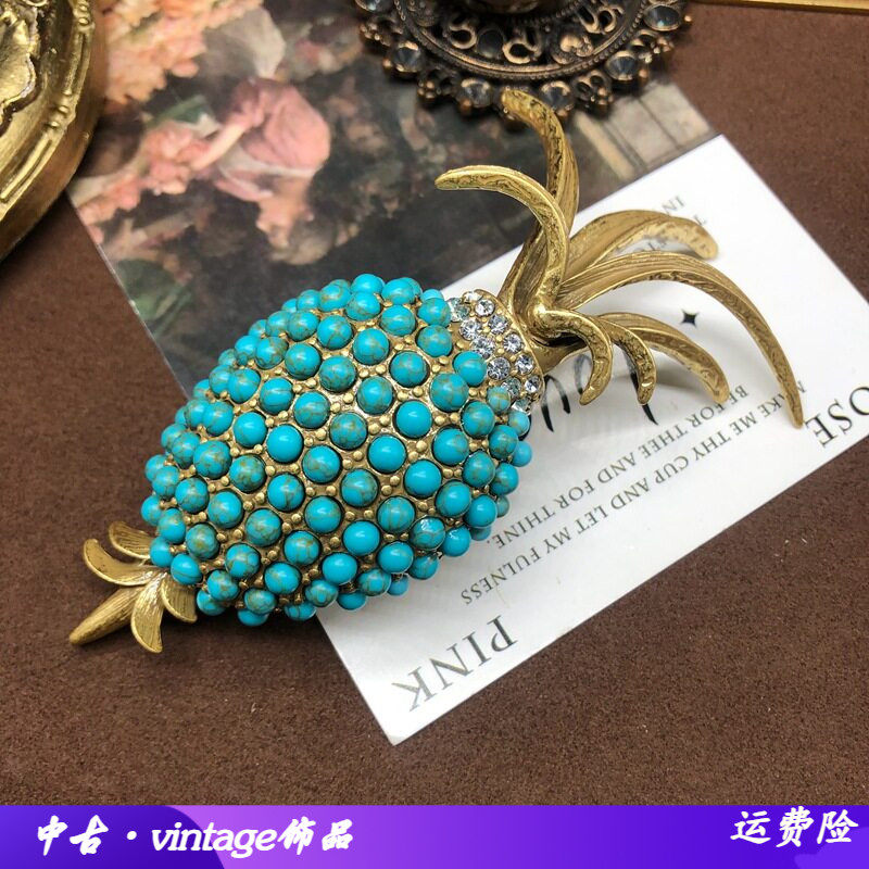 中古复古风经典绿松石胸针菠萝造型莱茵石镶嵌做旧金气质百搭别针