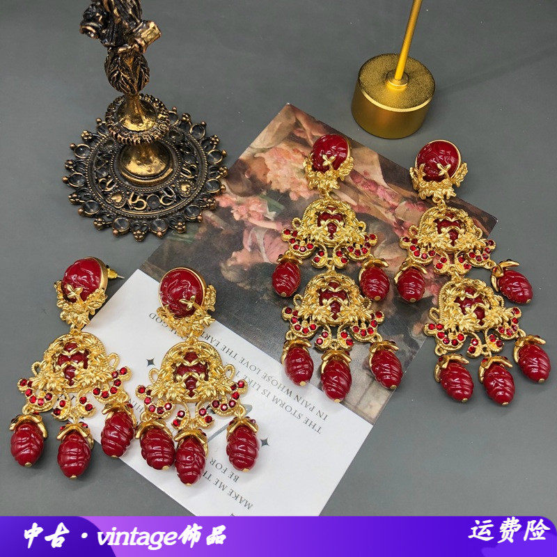中古西洋风红色扫肩长款流苏耳钉