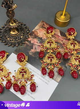 中古西洋风红色扫肩长款流苏耳钉耳夹镀真金重工耳环优雅百搭复古