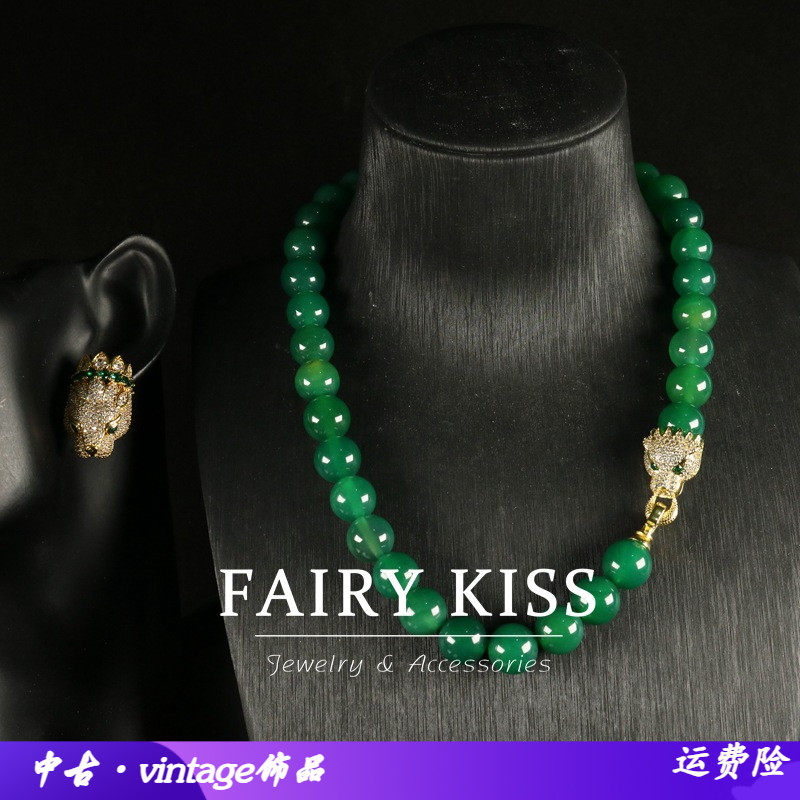 中古绿色琉璃手工串珠短款项链耳