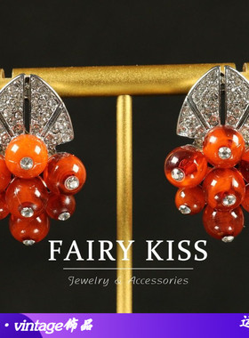 中古新款气质红色珠子镶钻轻奢简约高档时尚耳饰百搭耳夹银针