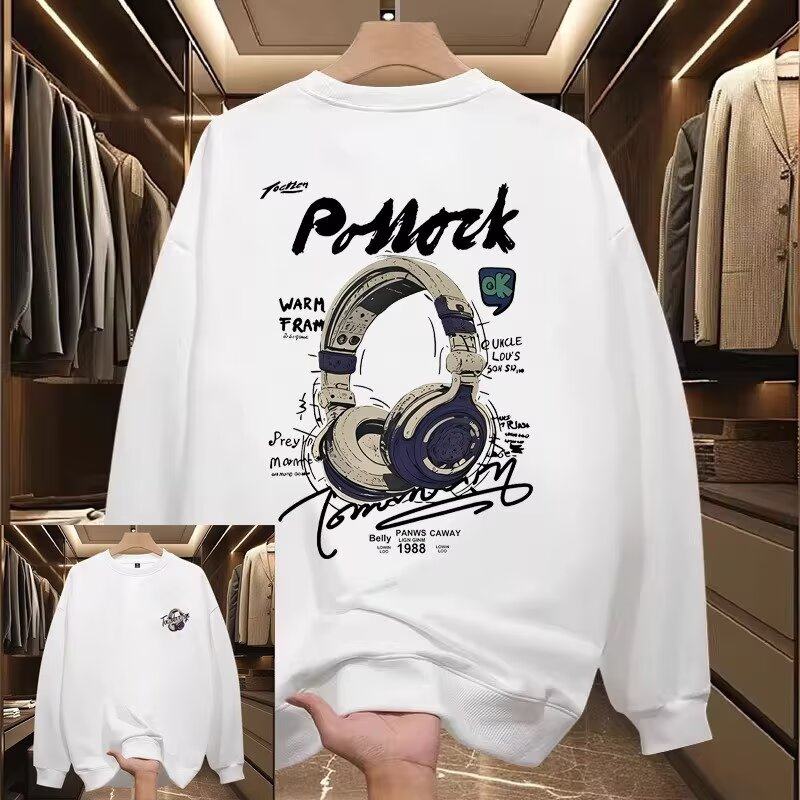 2025新款春秋冬季加绒加厚卫衣男圆领时尚潮流宽松休闲长袖打底衫