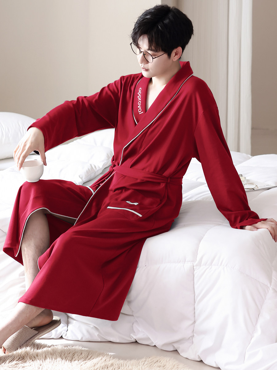 남성용 잠옷 2023 새로운 봄 가을 순수 면화 긴팔 성인 목욕 가운 남성용 중간 길이 잠옷 섹시 코튼