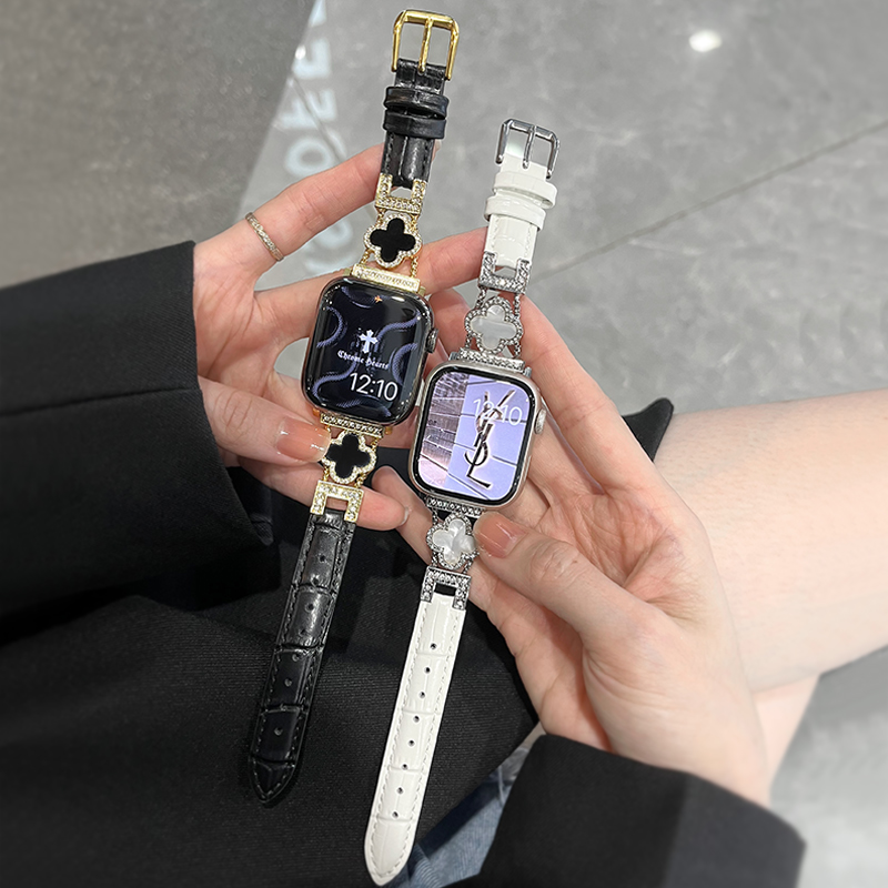 适用苹果手表表带iwatch98四叶草拼真皮表带apple watch765432se代41/45mm时尚百搭高级感女款金属拼皮款夏天 智能设备 智能手表手环表带/腕带 原图主图