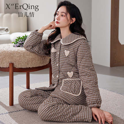 睡衣女冬季三层夹棉加厚加绒梭织纯棉2024新款秋冬款珊瑚绒家居服