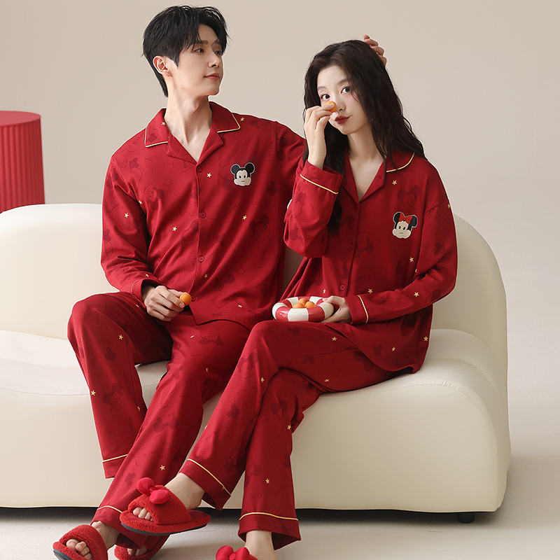 26新款婚庆情侣红色睡衣女春秋纯棉全棉长袖结婚本命年男士家居服