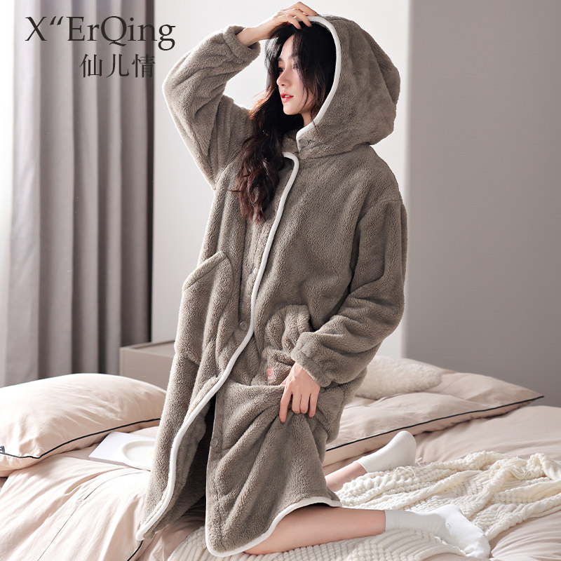 2024年新款珊瑚绒睡衣女加绒加厚连帽睡袍秋冬季可外穿家居服浴袍,女士内衣/男士内衣/家居服,睡袍/浴袍,淘宝优惠券,粉丝福利购,淘宝优惠卷