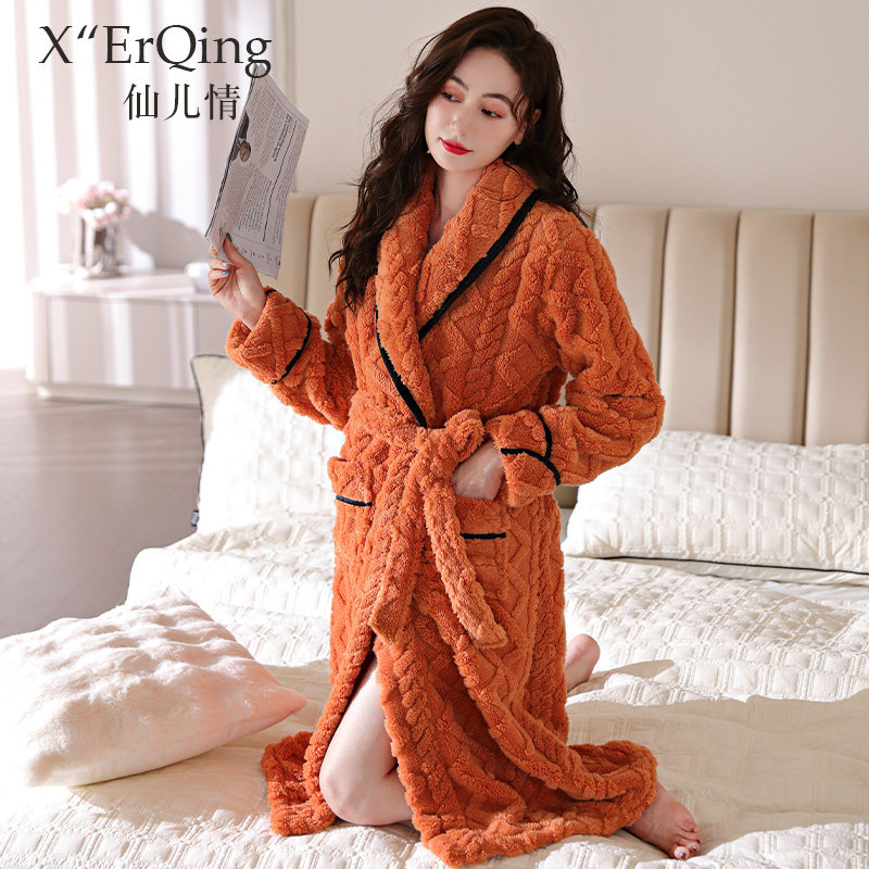 秋冬季珊瑚绒睡袍女士中长款加厚加绒保暖睡衣加肥大码法兰绒浴袍