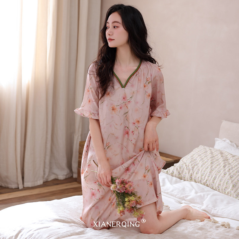 睡裙女夏季梭织莱赛尔短袖中长裙薄款夏天中年妈妈凉感天丝连衣裙