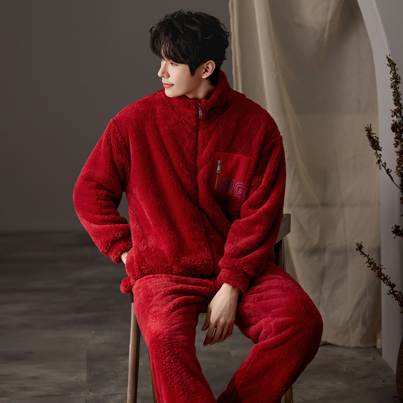 睡衣男士秋冬季珊瑚绒加厚加绒家居服男款保暖红色本命年马年喜庆