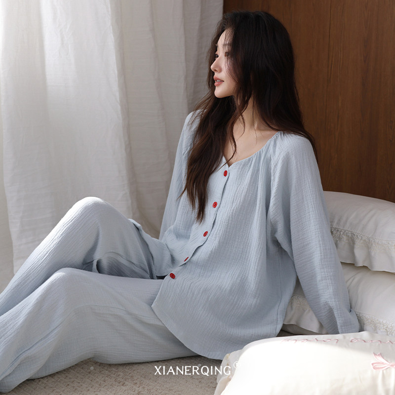 纯棉睡衣女春秋款长袖婴儿棉双层纱布全棉度假风高级感家居服套装