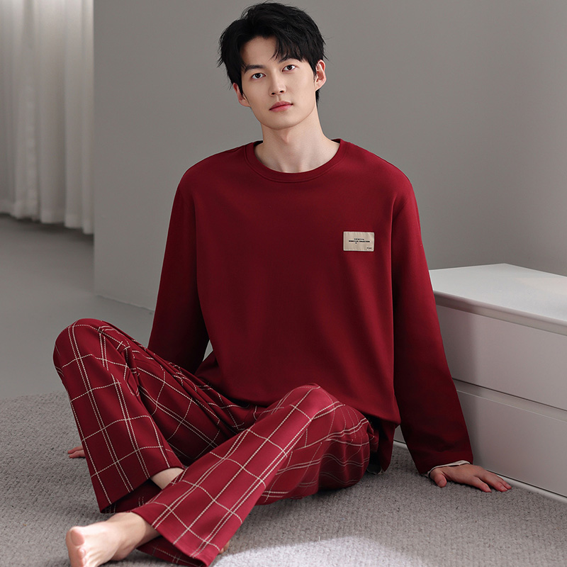 睡衣男春秋季纯棉长袖2026马年本命年红色休闲可外穿套头家居服