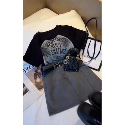 夏装搭配一整套时尚休闲a字裙套装两件套小个子活泼减龄印花T恤女