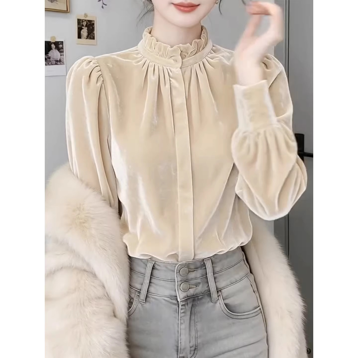 法式简约时尚温柔风泡泡袖立领上衣女米白色高级感轻奢气质衬衫,女装/女士精品,大码内搭,淘宝优惠券,粉丝福利购,淘宝优惠卷
