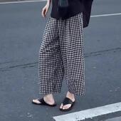 女夏季 薄款 大码 黑白格子哈伦裤 梨形身材小个子宽松显瘦直筒休闲裤