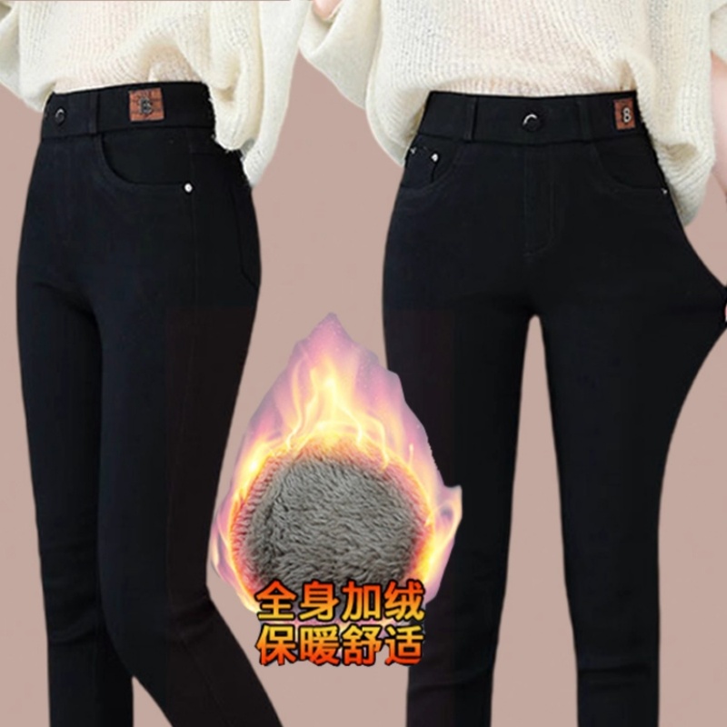 2025秋冬季新款女士休闲裤加绒加厚紧身黑色裤子高腰弹力小脚爆款