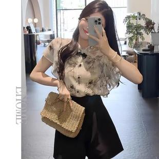 2025夏季新款国风中国结盘扣水墨画印花飞飞袖衬衣+高腰短裤套装