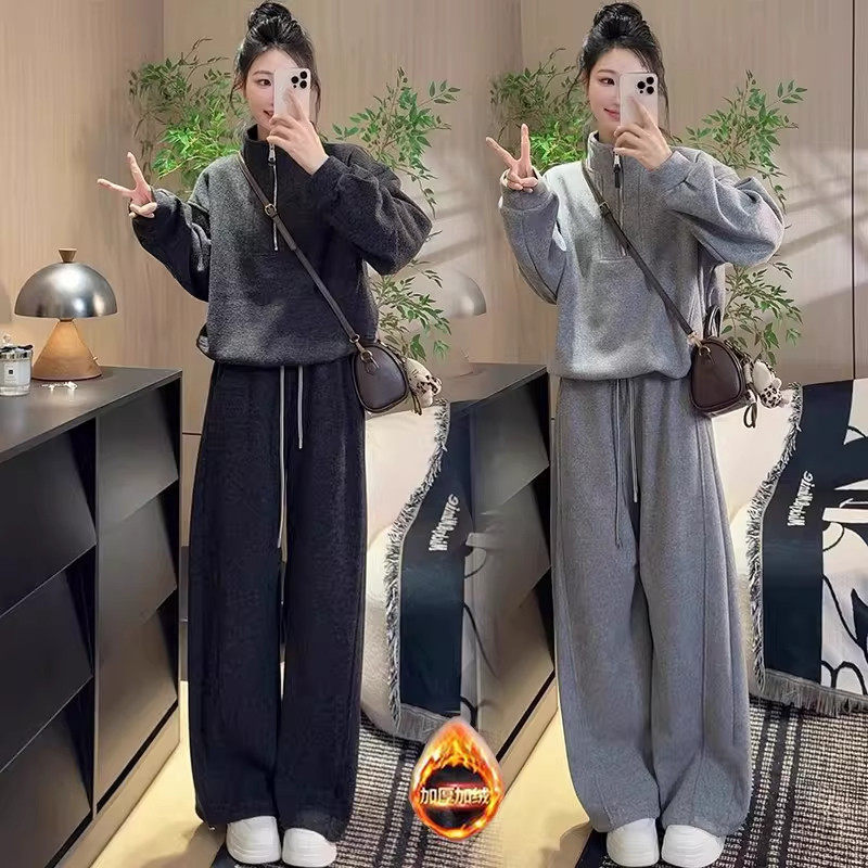 加绒运动服套装女冬季2026新款今年流行爆款休闲卫衣阔腿裤两件套