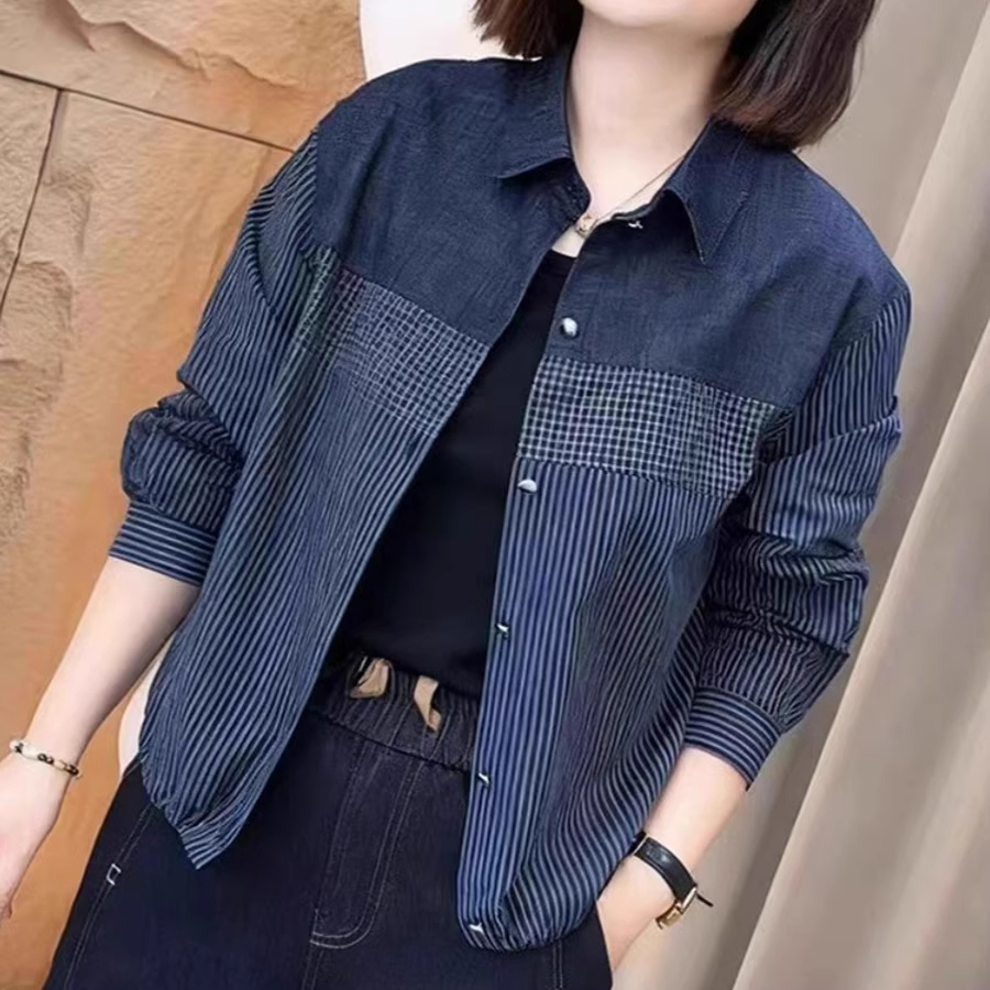 妈妈休闲牛仔拼接翻领长袖衬衫女