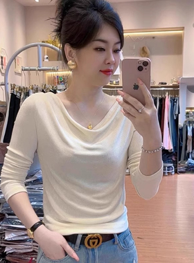 荡领长袖T恤女秋季2026新款设计感修身显瘦减龄洋气ins打底衫上衣