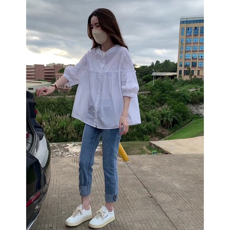 法式女装2025新款短夏季白色衬衫女士设计感小众娃娃衫五分袖上衣