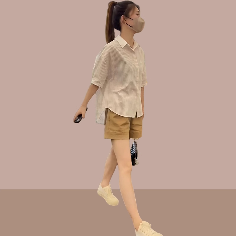 新款小个子条纹衬衫微胖两件套