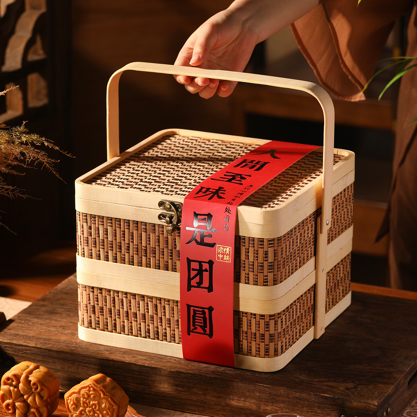 中秋月饼包装盒空盒双层手提竹篮