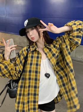 vocavaca-首波秋上新韩版宽松百搭撞色格子长袖防晒衬衫29785