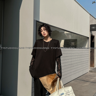 子假两件长袖 T.Y汤圆家 拼接袖 设计款 T恤57072 26年春款