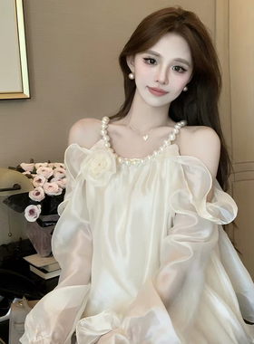 Green Tea·绿茶-衫女法式挂脖上衣宫廷风一字肩雪纺衬衣小衫8065