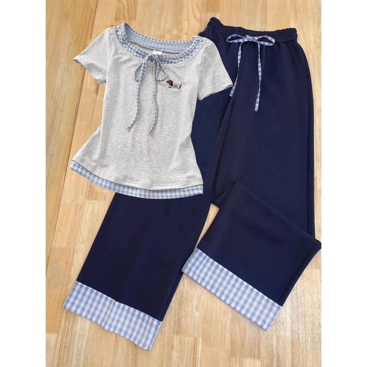 女童蝴蝶结格子两件短袖T恤慵懒2026系带新款修身显瘦上衣休闲裤