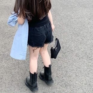 女童黑色牛仔短裤2025新款夏装薄款毛边短裤5岁宝宝松紧腰裤子潮