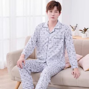 爸爸装纯棉长袖睡衣男秋冬季中年父亲开衫上衣加裤子开门襟家居服