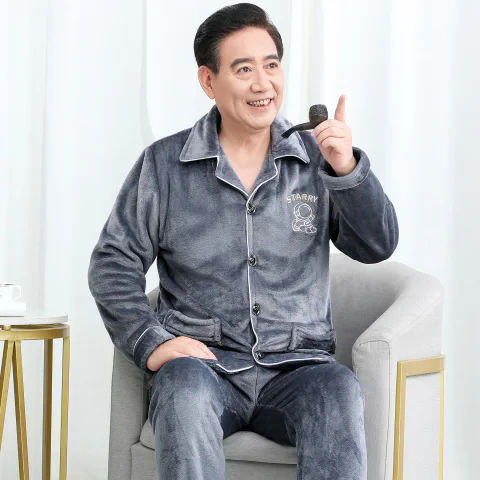 爸爸冬季加厚睡衣男中老年保暖休闲家居服舒服爷爷开衫外套法兰绒,男装,中老年套装,淘宝优惠券,粉丝福利购,淘宝优惠卷