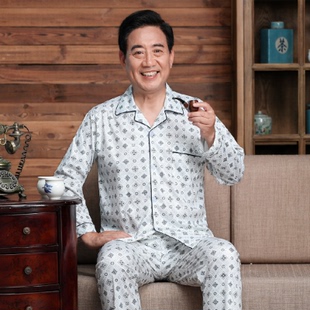 爸爸秋装睡衣男舒适中老年纯棉长袖长裤爷爷住院病号服开衫开尿口