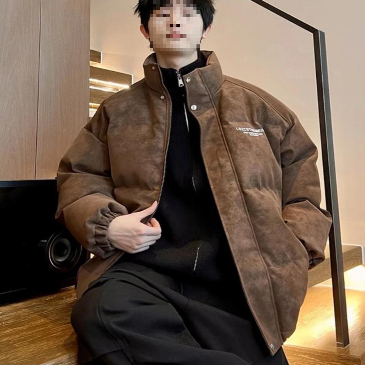 pu皮羽绒服冬季加厚立领翻毛皮高级感痞帅面包服男士棉袄外套