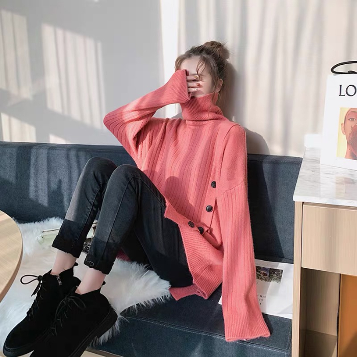 Autumn and winter 2021 new foreign style turtleneck women's Korean loose lazy medium length irregular T-shirt
