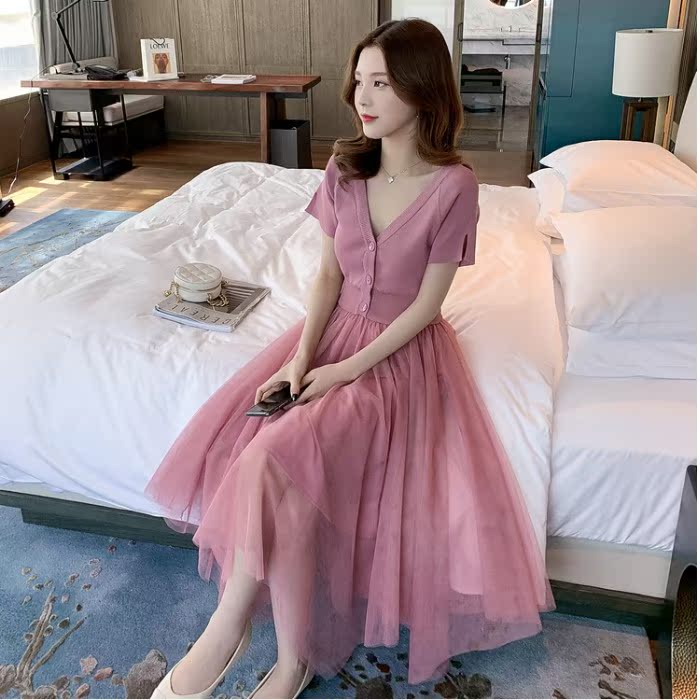 Beautiful French niche dress Korean knitted short sleeve collar mesh stitching irregular base dress