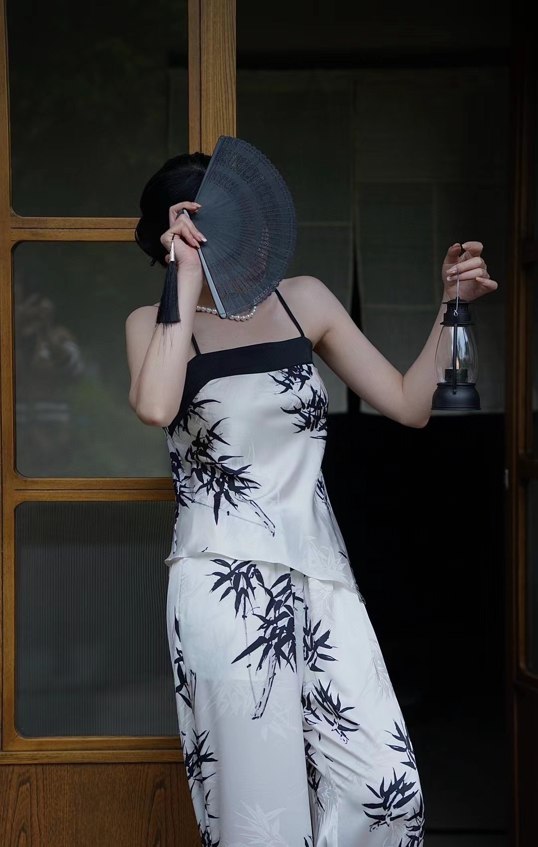 古风新中式睡衣女中国风真丝墨竹性感女吊带长裤两件套家居服套装