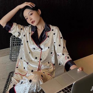 秋冬新款樱桃睡衣女长袖金丝绒复古奢华长裤宽松家居服套可外穿潮