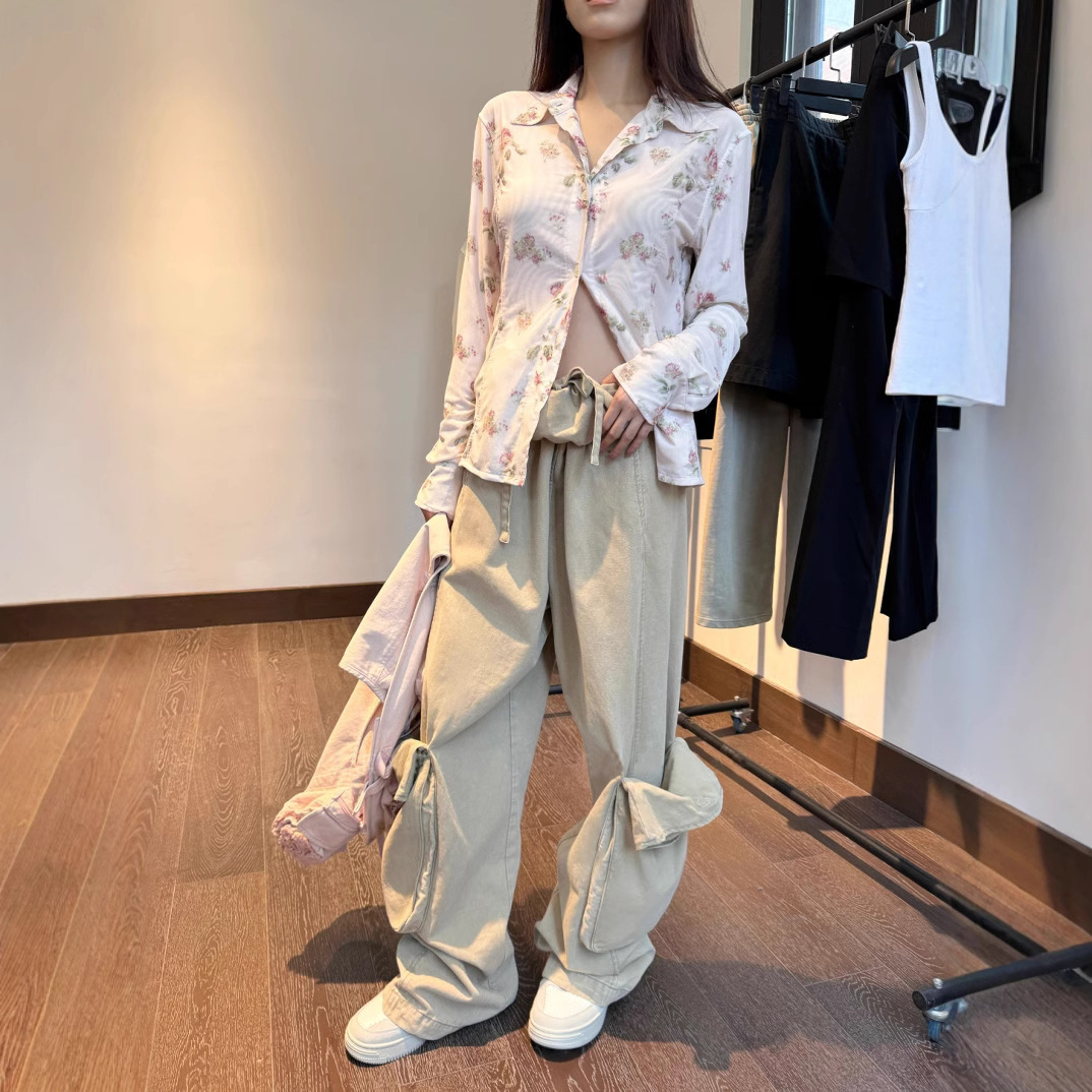韩风   25新款 林娜琏同款  复古碎花网纱修身衬衫