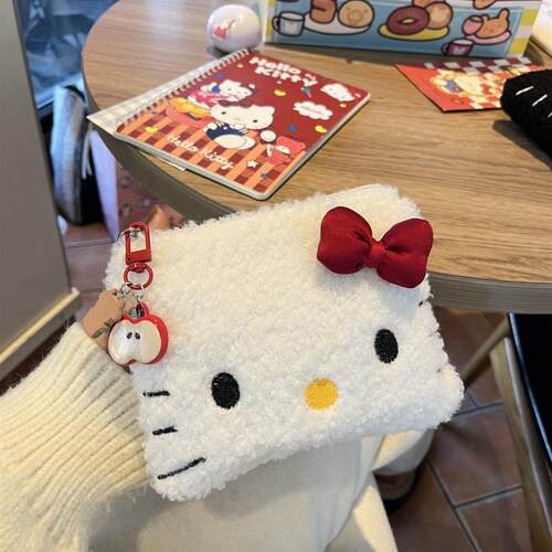 可爱原创刺绣Kitty化妆包毛茸茸口红耳机姨妈巾大容量收纳包小包